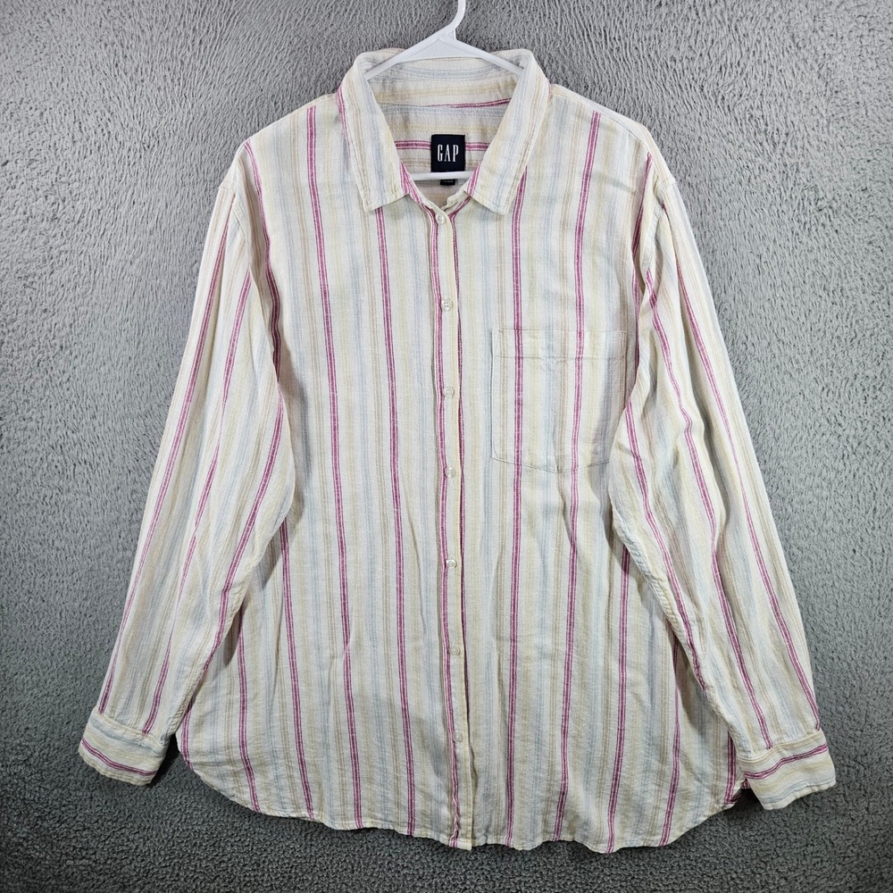 Gap Womens XXL Linen Blend‎ Striped Button Down Shirt Long Sleeve Multi Color